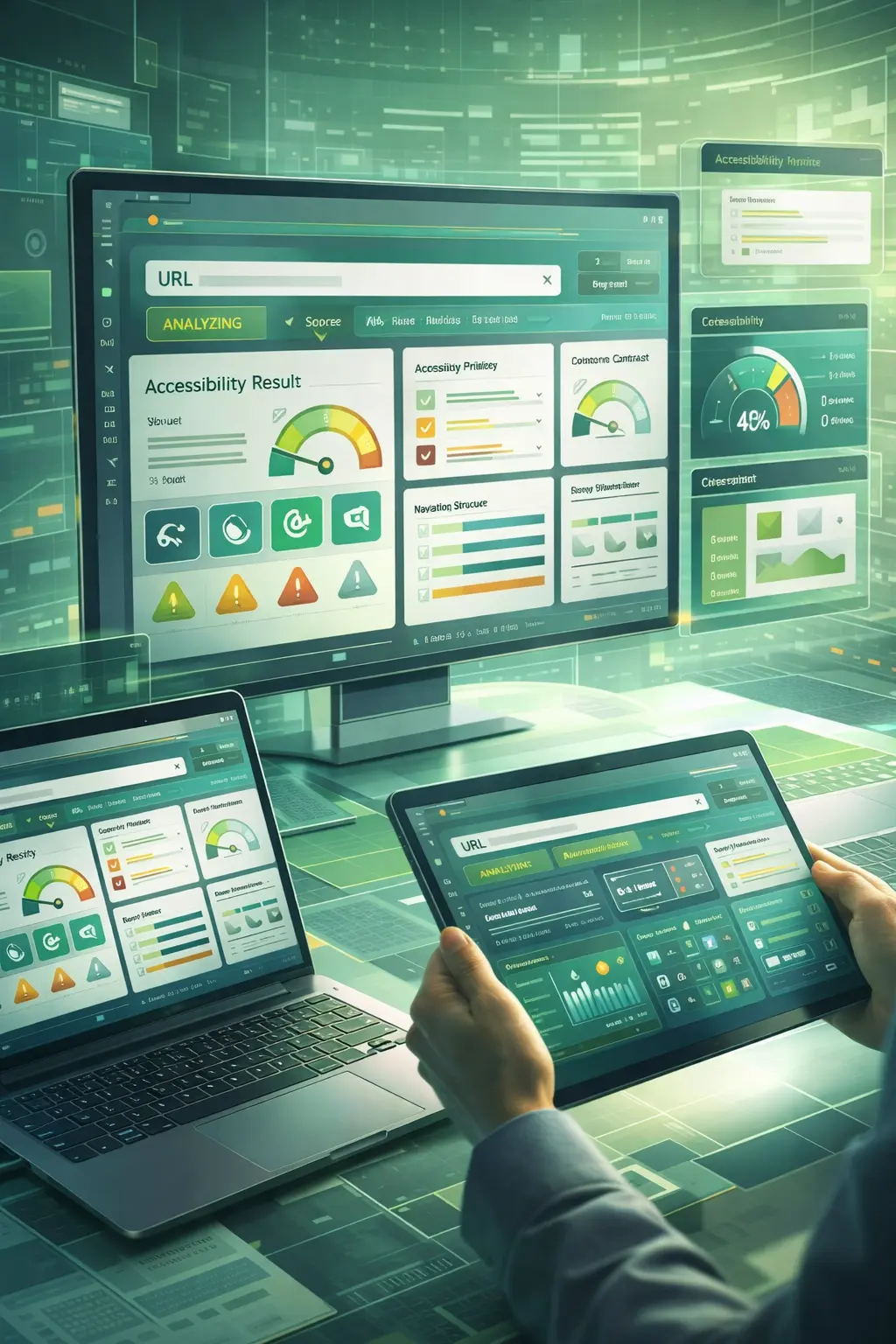 Diferentes pantallas muestran gráficas de un análisis de datos en accesibilidad.