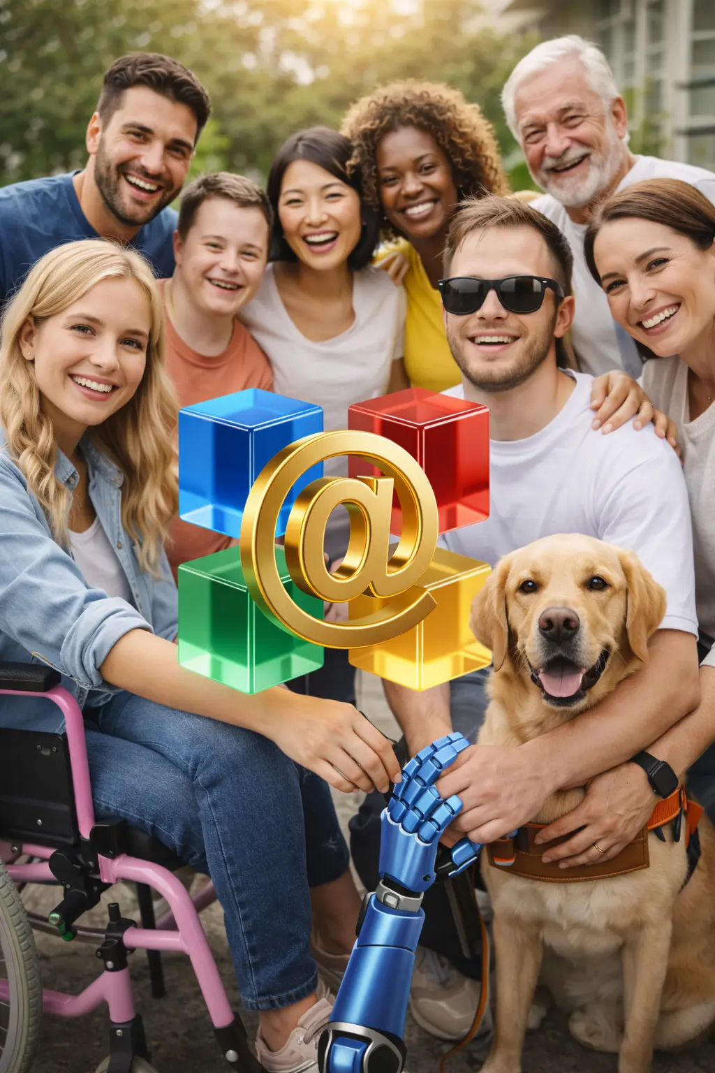 Grupo de personas con diferentes capacidades, reunidas alrededor del logotipo de accesibilizando.