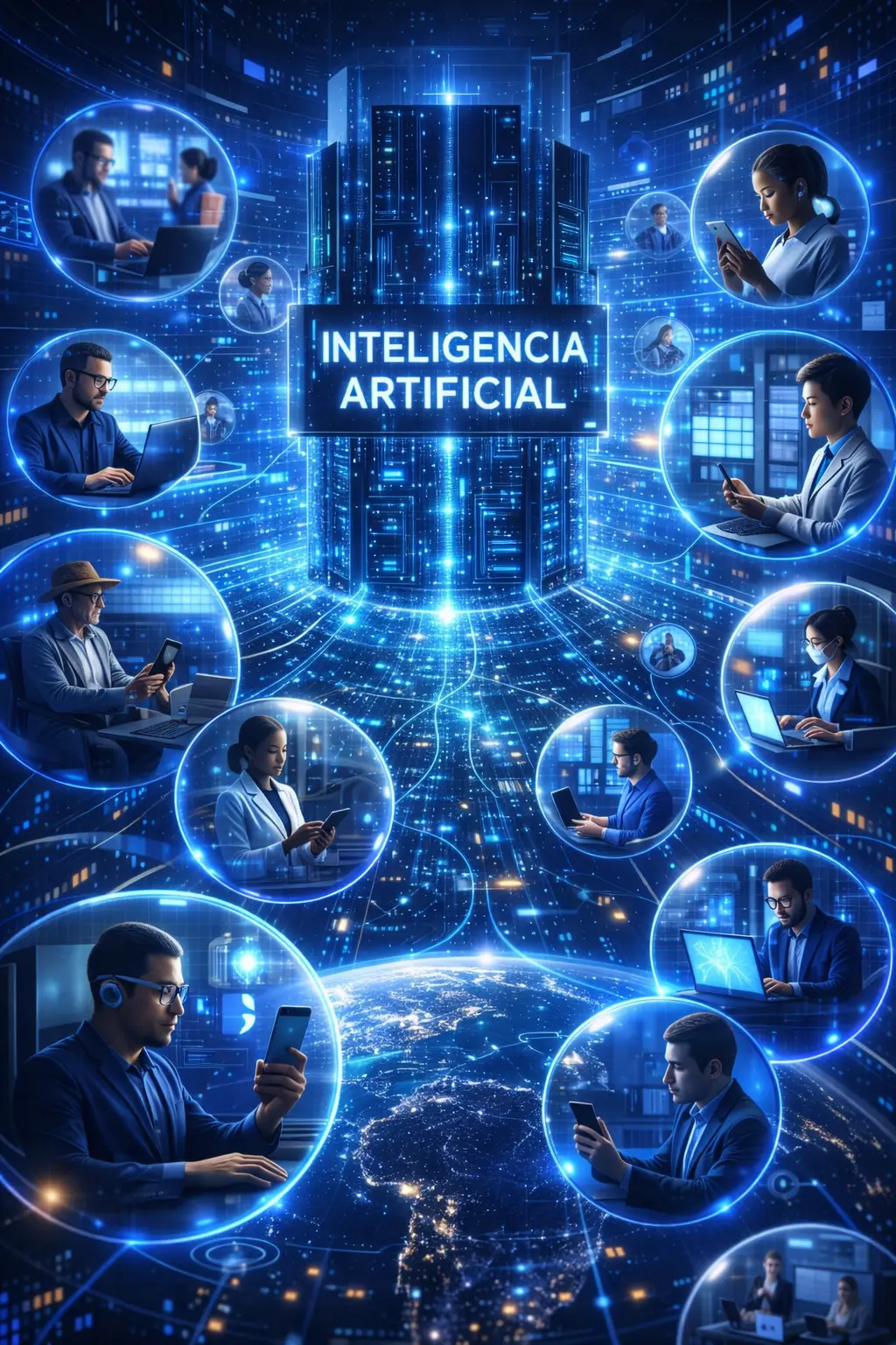 Composición de imagenes donde aparecen usuarios en burbujas diferentes conectados a una inteligencia artifical como consultor