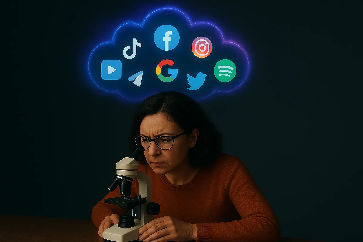 Mujer con microscopio analizando sectores de internet