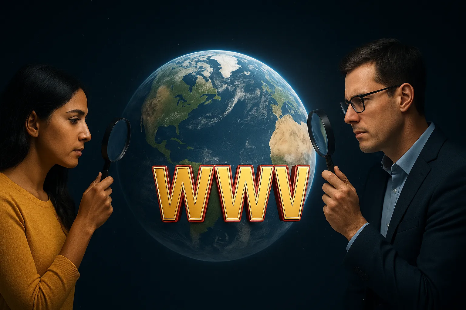 Hombre y mujer observando el mundo con una lupa